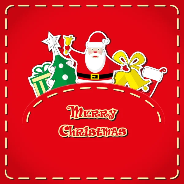 Vektör afiş: sevimli Noel Baba, yılbaşı ağacı, hediye kutusu, Noel Baba'nın çorap, kot pantolon cebinde çan ve çizilmiş metin mutlu Noeller el — Stok Vektör