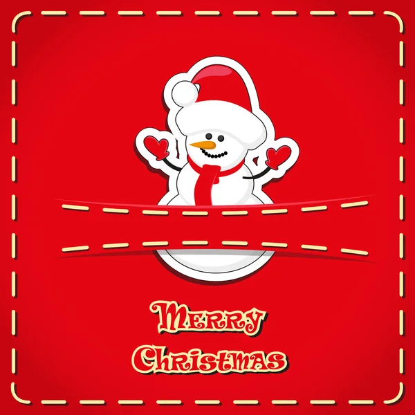 Vector banner: leuke beeldjes sneeuwpop in jeans zak en hand getrokken tekst Merry Christmas — Stockvector