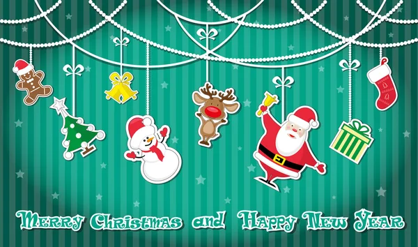 Vector banner juguetes de Navidad: Papá Noel, muñeco de nieve, árbol de Navidad, calcetín de regalo, caja de regalo, ciervo, estrella, campanas, hombre de jengibre sobre fondo rayado — Archivo Imágenes Vectoriales