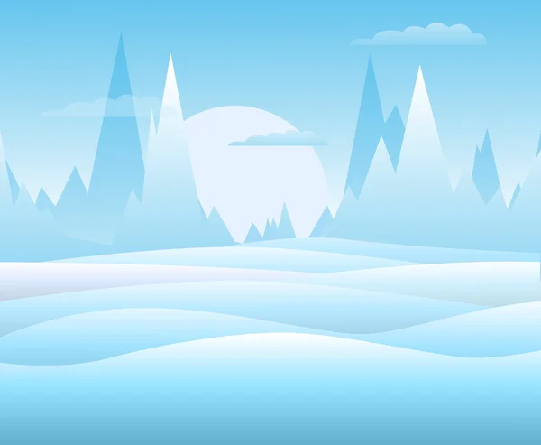 Vector. Paisagem de inverno com montanhas, nuvens e colinas nevadas — Vetor de Stock