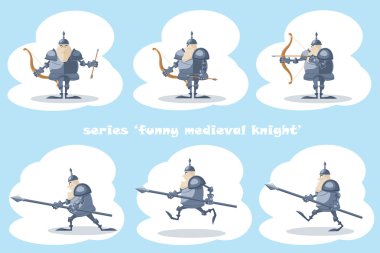 Vektör şekilleri komik Ortaçağ knight el ve archer oklu beyaz arka plan üzerinde izole bir mızrak ile bir dizi