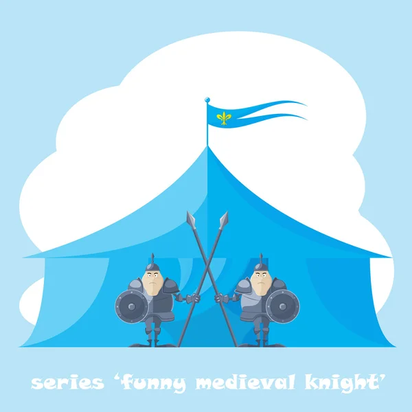 Set of vector shapes funny medieval knight with a spear and shield in the hands backdrop on tent isolated on white background — Stock Vector