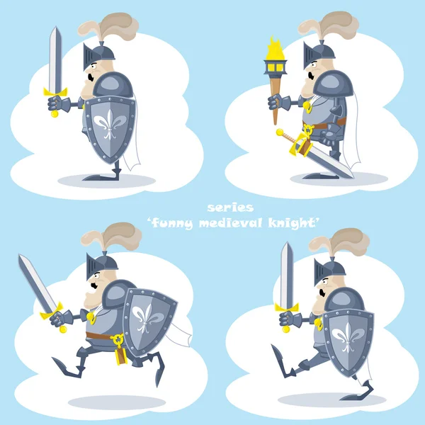 Un conjunto de formas vectoriales divertido caballero medieval en capa blanca con lanza y bandera aislada sobre fondo blanco — Vector de stock