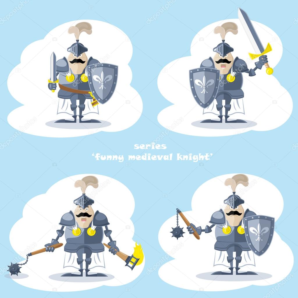A set of vector shapes funny medieval knight in white cloak isolated on white background