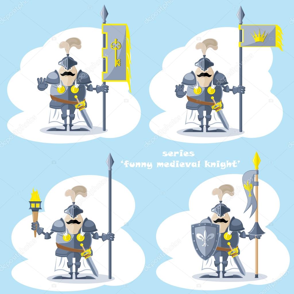 A set of vector shapes funny medieval knight in white cloak with spear and flag isolated on white background