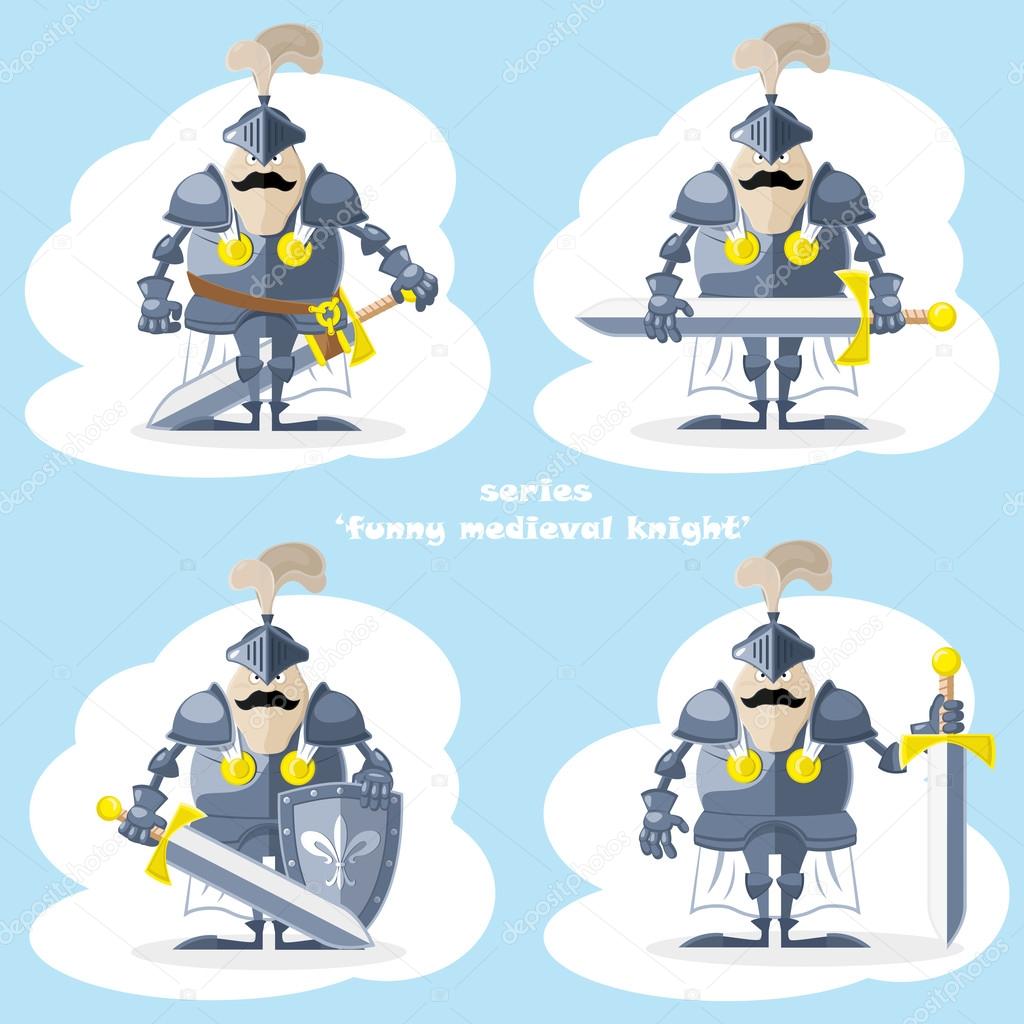 A set of vector shapes funny medieval knight in white cloak isolated on white background