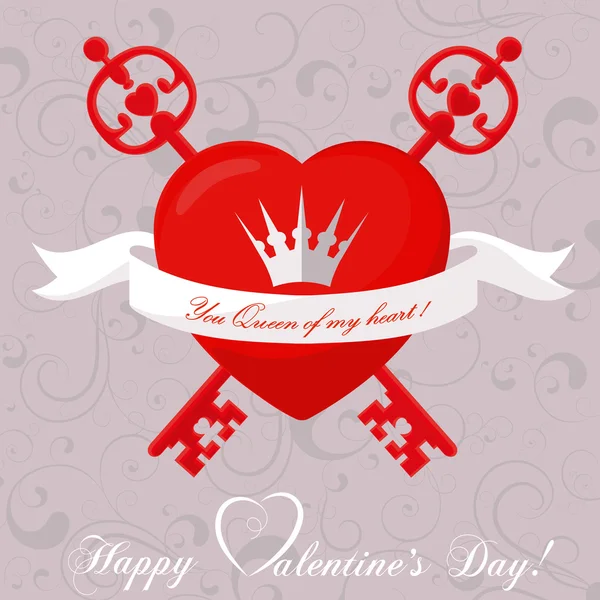 Banner für die Gestaltung von Plakaten oder Einladungen zum Valentinstag mit dem süßesten abstrakten Symbol Herz, zwei Schlüsseln und Krone. Vektorillustration. — Stockvektor