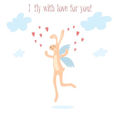 Banner for design posters or invitations on Valentine's Day with cutest rabbit and hand drawn text. Vector illustration.