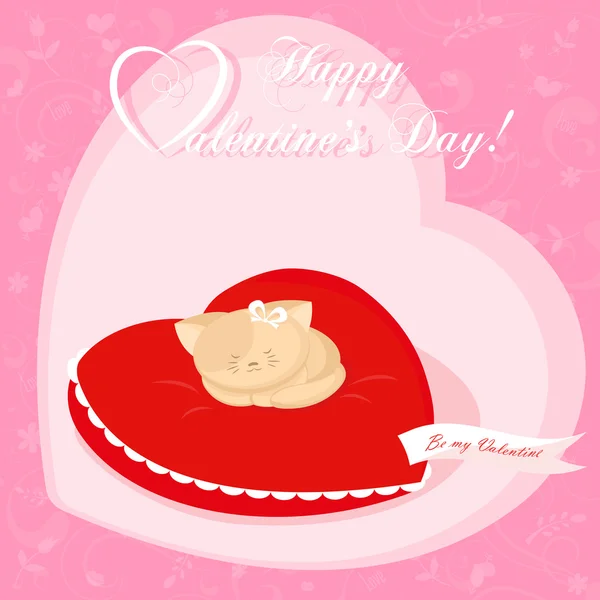 Banner for design poster or card Valentine's Day with small cute kitten lying on a pillow in the shape of heart — Stock Vector