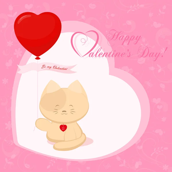 Banner per poster di design o carta San Valentino con piccolo gattino carino e palloncino a forma di cuore — Vettoriale Stock