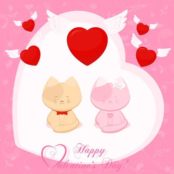 Banner for design poster or card Valentine's Day with two small cute kittens and flying abstract symbols hearts — Stock Vector