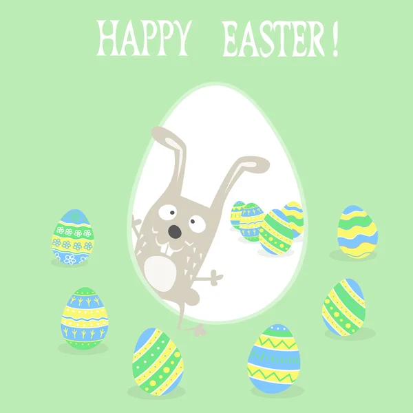 Banner tervezési plakátok vagy meghívók vicces nyúl és a kézzel rajzolt boldog Húsvét napján díszített tojások. Vektoros illusztráció. — Stock Vector