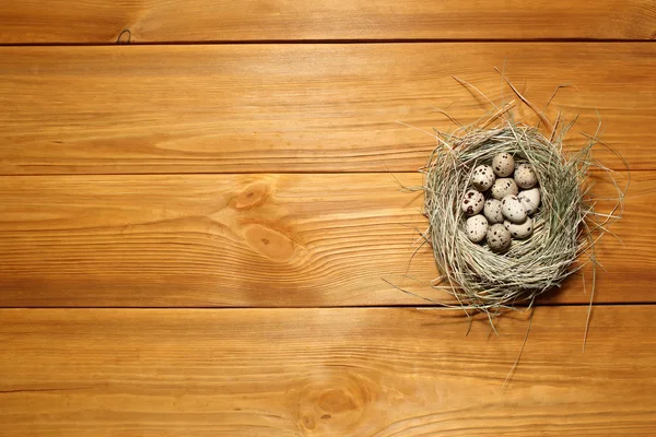 La composizione di uova di quaglia che giacciono in un nido d'erba su un pannello di tavole marroni vintage con spazio libero per la pubblicità testuale di cibo o ristorante menu design . — Foto Stock