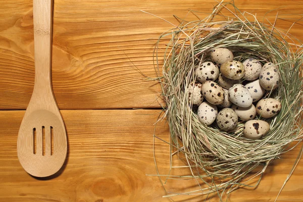 La composizione di uova di quaglia in un nido da erba e cucchiaio di legno sdraiato su un pannello di tavole marroni vintage con spazio libero per la pubblicità di testo di cibo o ristorante menu design . — Foto Stock