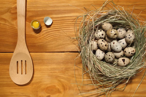 La composizione di uova di quaglia in un nido da erba e cucchiaio di legno sdraiato su un pannello di tavole marroni vintage con spazio libero per la pubblicità di testo di cibo o ristorante menu design . — Foto Stock