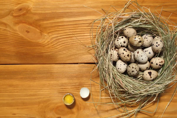 La composición de huevos de codorniz que yacen en un nido de hierba en un panel de tableros marrones vintage con espacio libre para la publicidad de texto de alimentos o diseño de menú de restaurante . — Foto de Stock