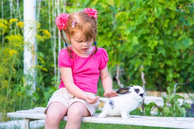 Küçük kız bahçede bir bankta bir tavşan sevişme