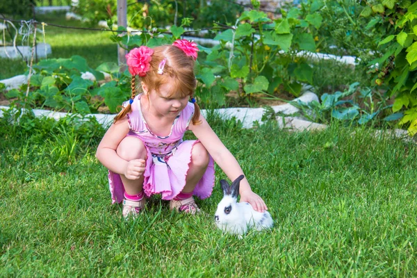 Menina acariciando um coelho na grama — Fotografia de Stock