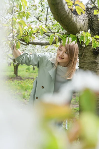Genç, güzel, neşeli bir kadın güneşli bir bahar gününde güzel bir kadın kıyafetiyle çiçek açan kiraz ağaçlarının altında yürüyor..