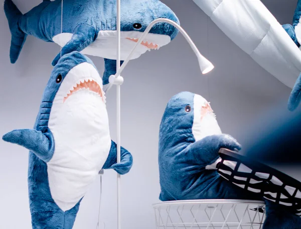 Köpekbalığı şekilli yumuşak oyuncaklar bir aile olarak sahnede sergilenir. Beyaz dişli güzel büyük köpek balıkları.