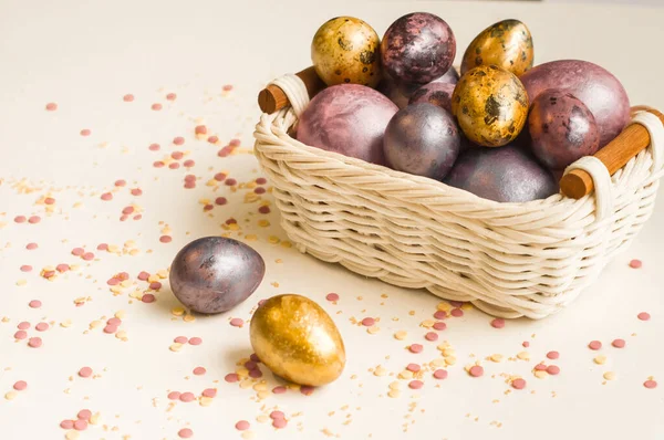 Paskalya tatili. Güzel, incilerin anası küçük bir sepetin içinde üniformalı bir arka planda yatıyor..