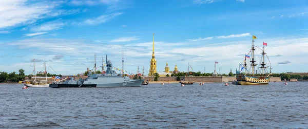 Petersburg Russia Jul 2021 Panorama Neva River Russian Navy Warships — Stock Photo, Image