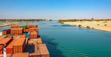 Industrial container ship passing through Suez Canal with ship's clipart