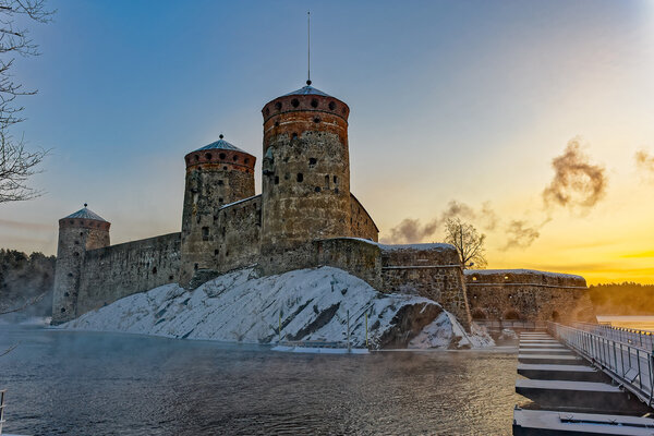 Ancient fortress at frosty winter's morning