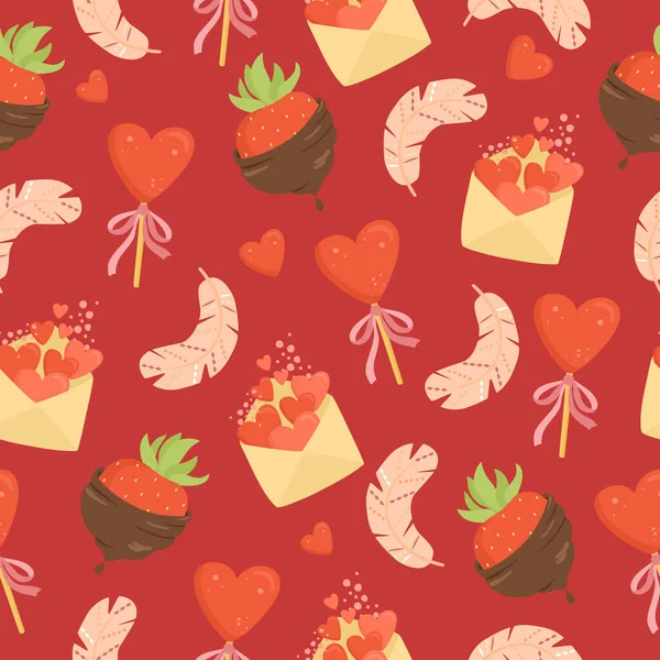 Valentines day seamless vector pattern. Chocolate covered strawberries, romantic letter, red heart, airy boho feather Stock Illustration