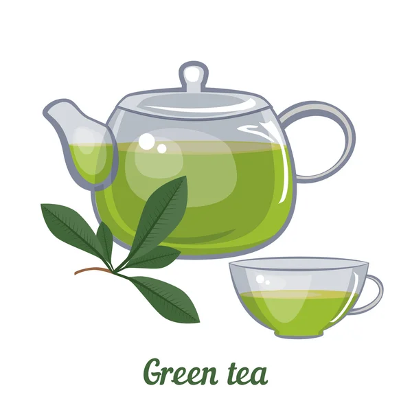 Tetera de vidrio y taza con té verde — Vector de stock