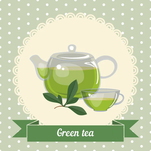 Tetera de vidrio y taza con té verde — Vector de stock