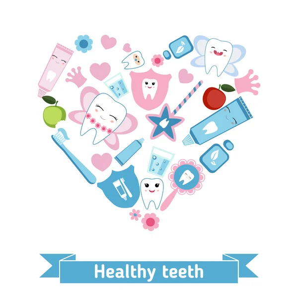 Dental care symbols in the shape of heart. — Stock Vector