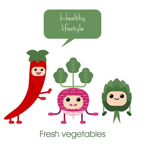 Cartoon Cute smiling vegetables - radish, artichoke, hot peppers. — Stock Vector