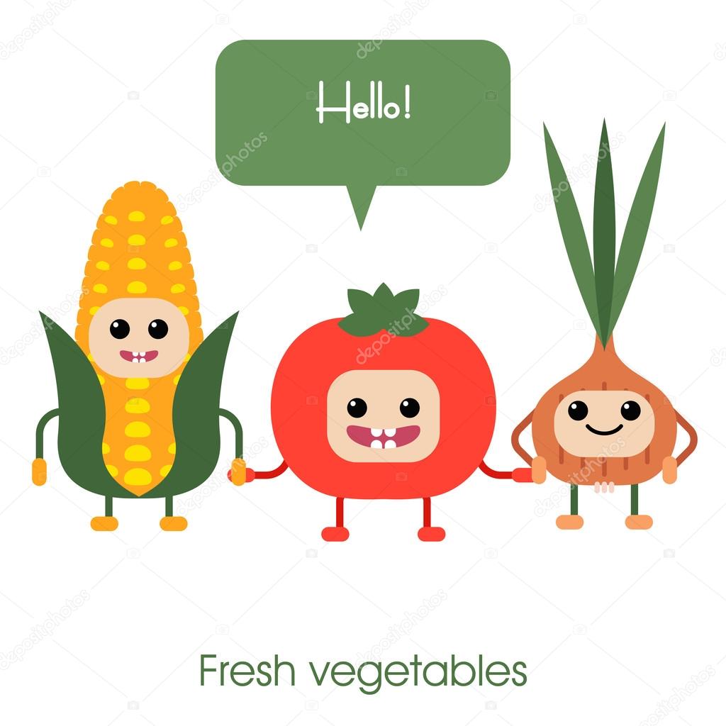 野菜のトウモロコシ、トマト、タマネギを笑って漫画かわいい — ストック
