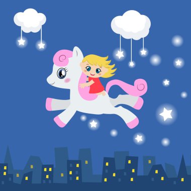 Sevimli küçük kız bir midilli sürme.