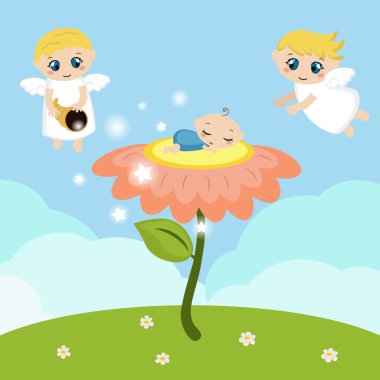 Melekler yıldızlar ve bebek çiçek uyku ile.