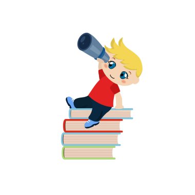 Bir yığın kitap üzerinde oturan ve teleskopla izliyor yakışıklı.
