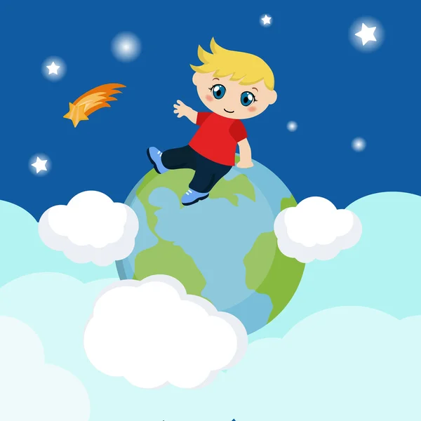 Söt pojke sitter på blå planeten. — Stock vektor
