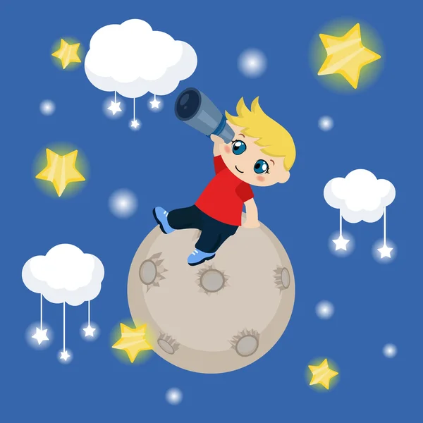 Sevimli çocuk yıldızlı geceleri teleskopla izliyor — Stok Vektör