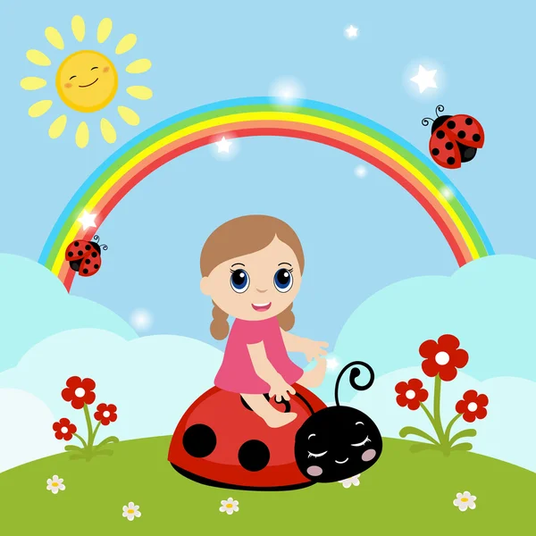 Little girl sitting on a ladybug. — Stock Vector