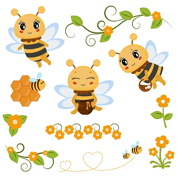 Miel abeja tema personajes e iconos — Vector de stock