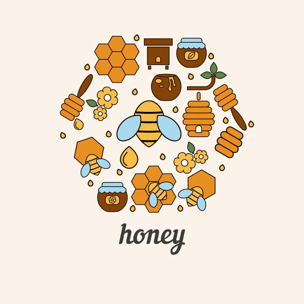Мед и пчелы иконы в форме сотовых . — стоковый вектор