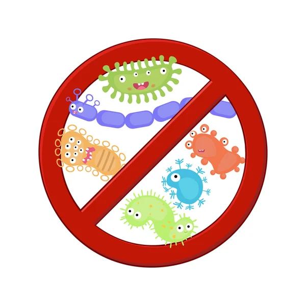 Sinal antibacteriano com um conjunto de bactérias dos desenhos animados . —  Vetores de Stock