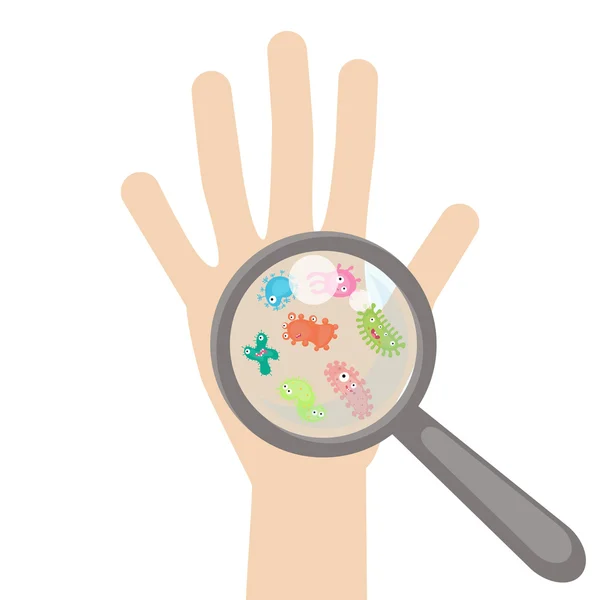 Bactérias e células virais na palma da mão humana — Vetor de Stock