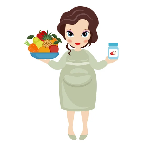 Pregnant woman with a fruit plate in one hand and vitamins bottle in another — Stock Vector