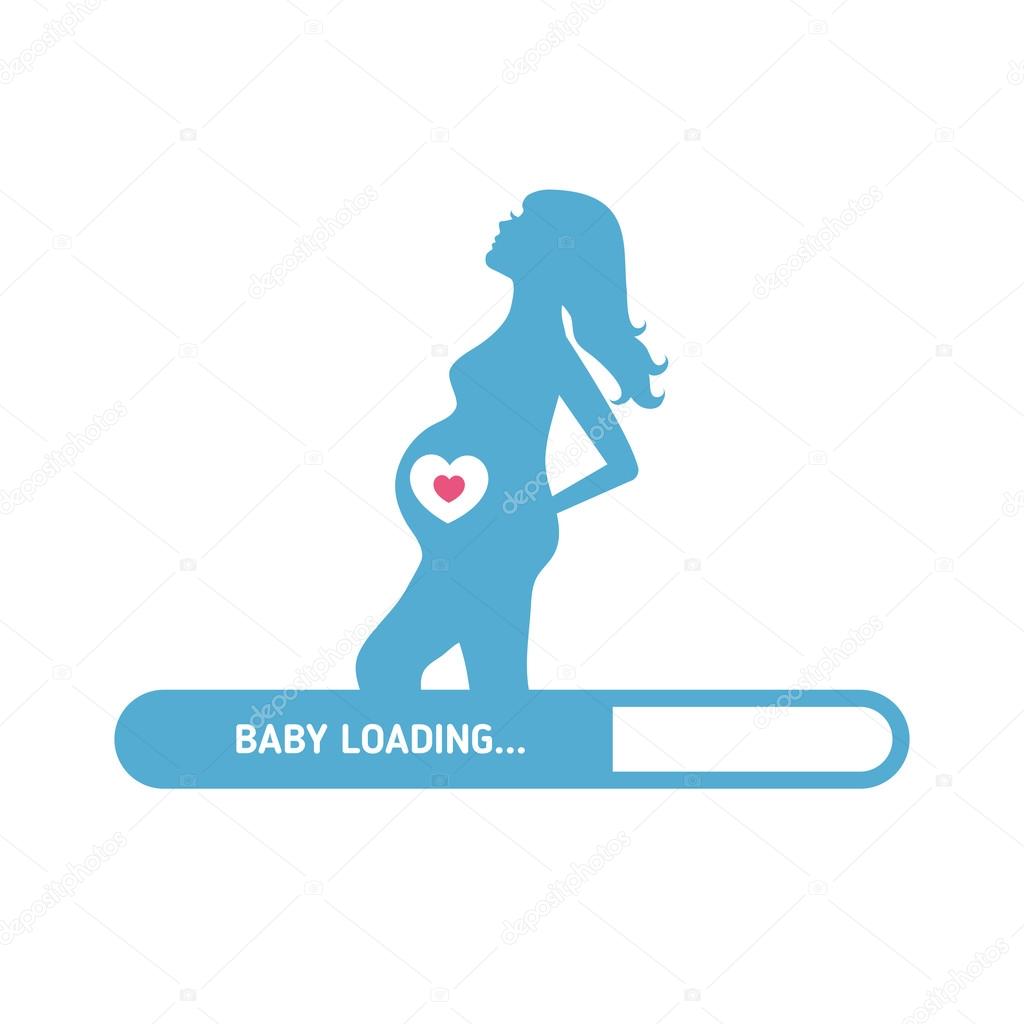 Pregnant woman concept. Silhouette of pregnant woman and set of kid's icons.