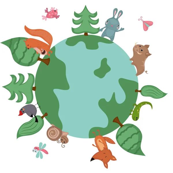Globe avec des animaux et des plantes sauvages — Image vectorielle