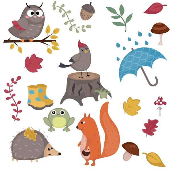 Personajes de dibujos animados y elementos de otoño — Vector de stock