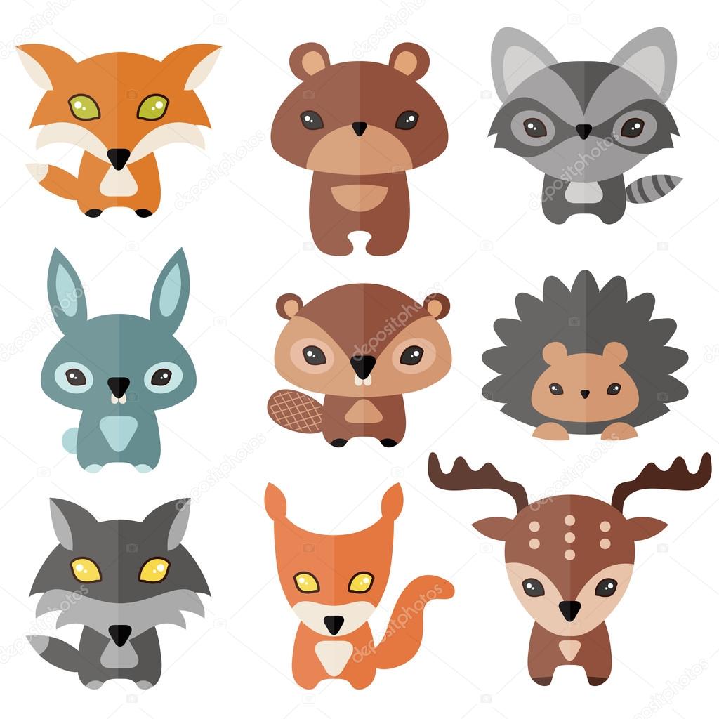 Vector set of cute forest animals. Flat design.