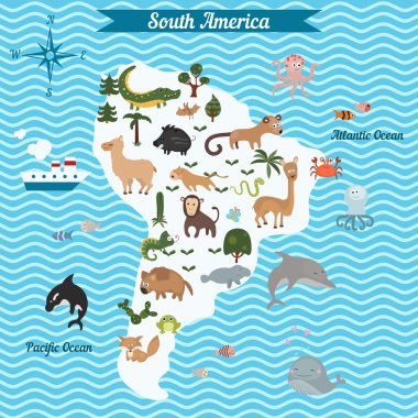 Cartoon map of South America continent with different animals. clipart